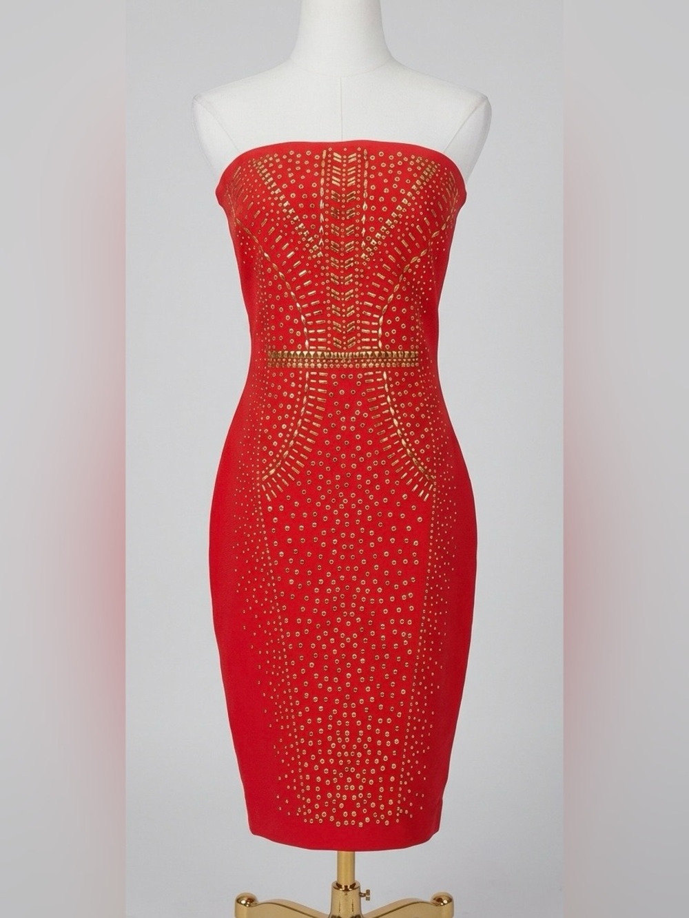 CACHE Red Gold Studded Strapless Bodycon Dress Size 2 Y2K Glam